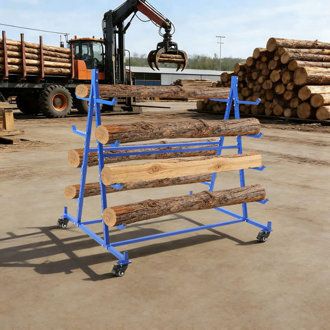 Straight Up Heavy Duty Five Tier Lumber Rack, Mobile Cantilever Pipe Shelf With Rolling Brakes, Badass 500 Pound Capacity Garage Workshop Shed Steel Conduit Organizer Blue Finish Storage Cart holding logs outdoors.