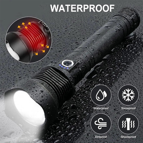 Beast Mode 90,000 Lumen Rechargeable LED Flashlight with Zoomable Beam and 10 Modes, waterproof tactical torch on wet surface