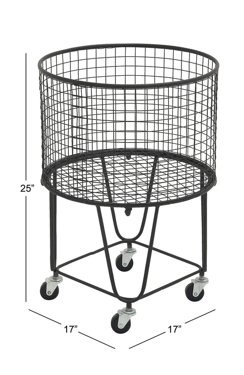 Rugged Metal Storage Cart With Rolling Mesh Laundry Hamper Deep Set Black Finish Industrial Style Organizer For Home Or Laundry Room 18 By 18 By 24 Inches Everyday Workhorse Urban Vibe Durable Steel Build, showing front view with measurements against white background.
