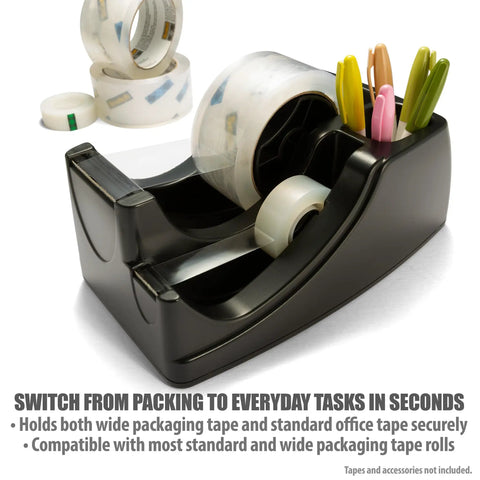 Heavy Duty Dual Function Tape Dispenser Built Tough For All Your Packing Needs Featuring Weighted Five Point Five Pound Base For Rock Solid Stability And Effortless Pulling Of Wide Packing Tape Rolls Plus Handy Compartment For Desk Gadgets In Sleek Black with rolls of tape and pens.