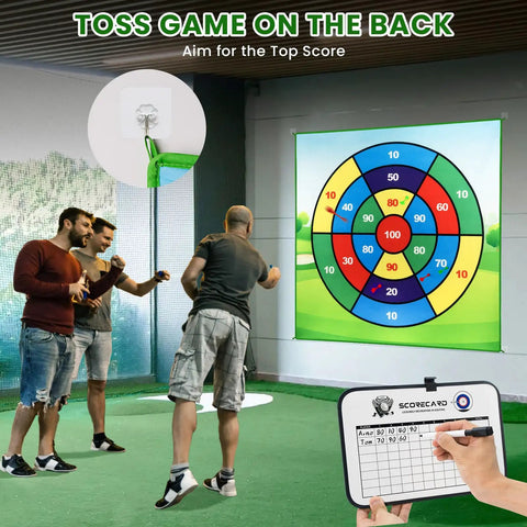 Battle Golf Chipping Practice Mat For Backyard Swing Training And Family Fun Double Sided Hitting Mat setup with scorecard