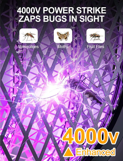 Electric Fly Swatter Bug Zapper Racket With 4000V Power showing purple electrified mesh targeting mosquitoes and bugs.