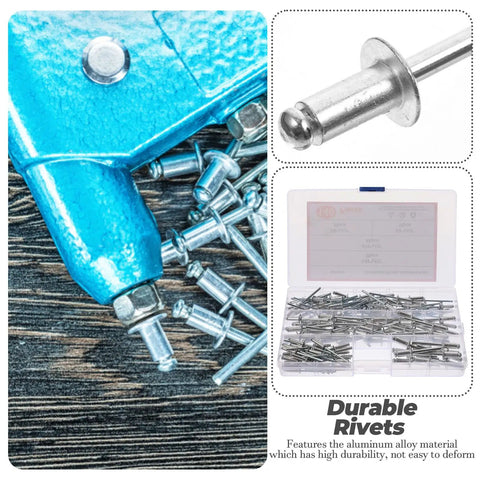 140 Piece Aluminum Alloy Blind Rivets Kit With Dome Head Pop Rivets For Metal Fastening showcased with blue tool and case