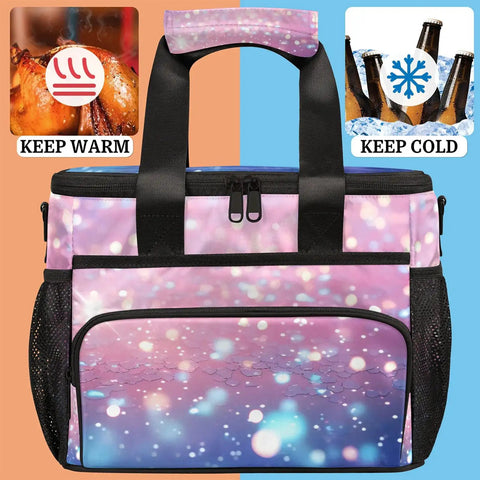 Insulated Picnic Backpack Lunch Box For Women And Men Portable Tote Lunch Bag keeps food fresh, pink pattern, dual compartments