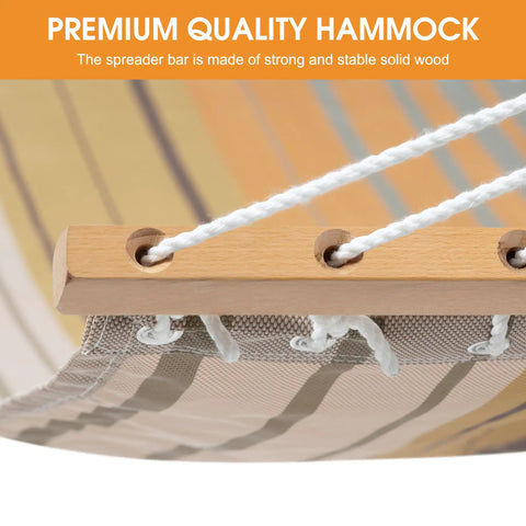 Close-up of spreader bar on a Quick Dry Hammock With Spreader Bar Textliene Fabric For Two People Outdoor Patio And Poolside Relaxation Coffee Stripes 450 Lb Capacity Chains Included All Weather Comfort, showing solid wood material.