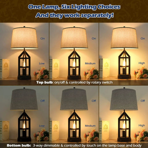 2 Light Farmhouse Rustic Touch Table Lamps Set Of 2 With Gray Shades, USB Ports, 3 Way Dimmable, showing varied lighting modes
