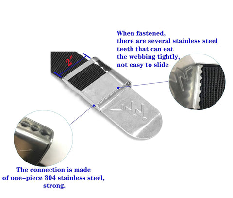 Close-up of 4 Pocket Neoprene Scuba Weight Belt with Quick Release Buckle showing stainless steel teeth and connection detail.