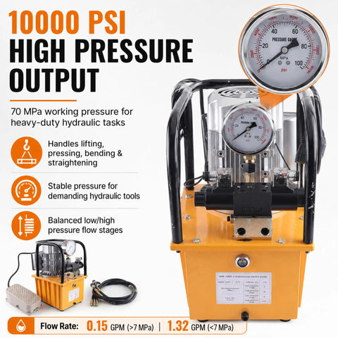 Heavy Duty 750W Electric Hydraulic Pump With Double Acting Design And Pedal Switch Cranking 10000PSI And Dead Accurate Pressure Gauge, showcasing high pressure output and pressure gauge.
