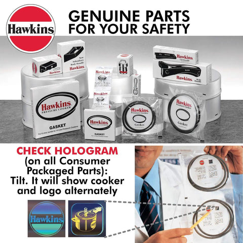 Hawkins pressure cooker gaskets display with hologram check for consumer safety, showcasing genuine parts packaging.