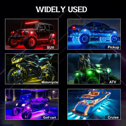 4 Pod RGB LED Rock Lights Underglow Kit With Multicolor Neon Glow App Control for SUVs, pickups, motorcycles, ATVs, golf carts, cruise.