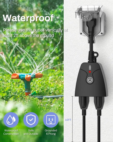 Outdoor Wireless Remote Control Outlet Kit Weatherproof Heavy Duty Power Strip With Dual 3 Prong Outlets 6 Inch Cord And 100 Foot Range ETL Listed 15A Plug And Play Ready For Indoor Or Outdoor Use, shown installed above a lawn with a sprinkler.