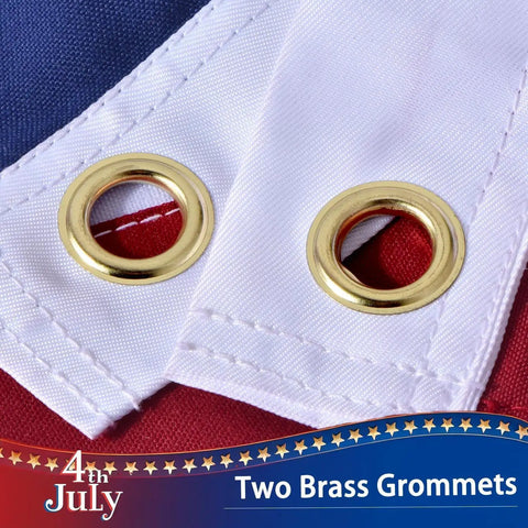 Close-up of two brass grommets on Outdoor 3x5 Foot American Flag Built Tough Deluxe Heavy Duty Spun Polyester