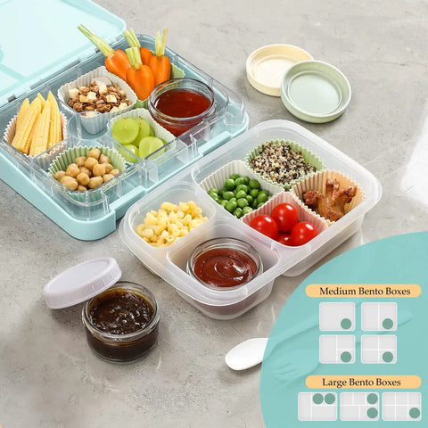 Lunchbox with Six Pack 2.7 Oz Glass Salad Dressing Containers With Lids Leakproof Dipping Sauce Cups for meal prep.