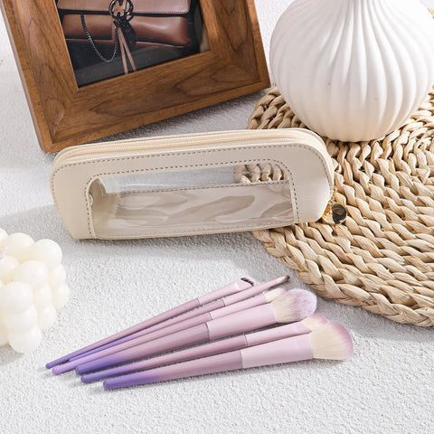 Stylish Beige PU Leather Travel Makeup Bag with clear window, portable, waterproof cosmetic organizer, size 200mm x 65mm