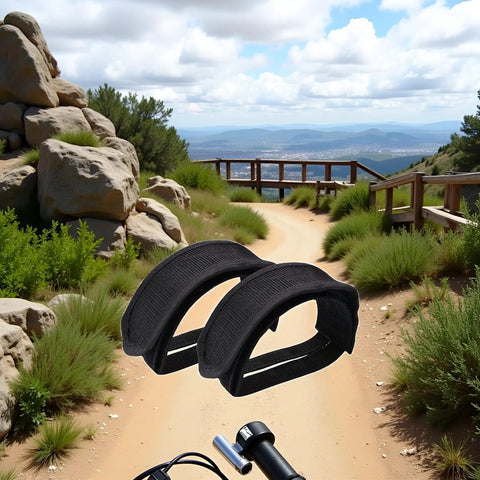 2 Pack Black Pedal Straps For Fixed Gear And Kids Bikes With Toe Clips Tape Durable Nylon displayed on a scenic trail.