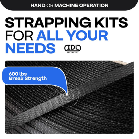 No Gimmicks Heavy Duty Half Inch Polypropylene Strapping Kit With 7200 Ft Roll Rated 600 Lb Break Strength, close-up of strapping material.