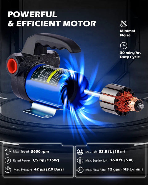 Powerful motor of Grab And Go 12V Diesel Transfer Pump Kit With Nozzle And Hoses, Portable Electric Fuel Pump, blue casing, specs detailed.