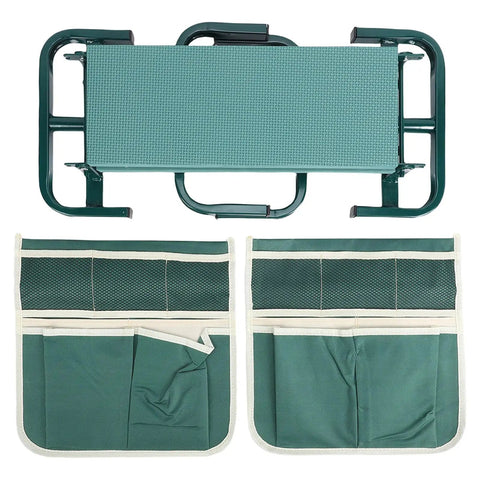 Adjustable Garden Kneeler Bench Folding Seat With 400 Lb Capacity Dual Function Stool Wide Padded Kneeling Pad Portable Green Garden Stool With 2 Tool Pouches For Easy Weeding Planting And Potting Tasks shown folded with pouches