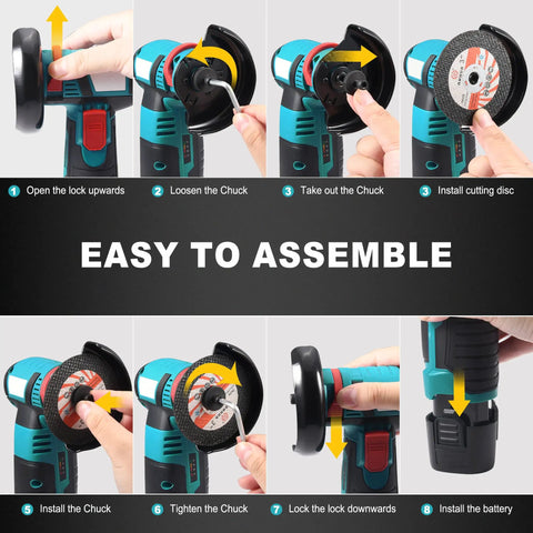 Assembly process of 3 Inch Mini Cordless Angle Grinder With Brushless Motor Delivers 19500 RPM For Quick Metal Polishing And Wood Cutting 12V Power Cut Off Tool Includes 2 Batteries And 8 Cutting Wheels Beast Portable Blue.
