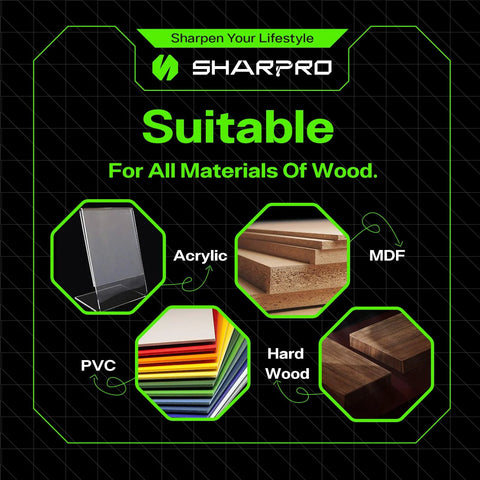 Image displaying various materials suitable for use with a compression CNC router bit, including acrylic, MDF, PVC, and hardwood.