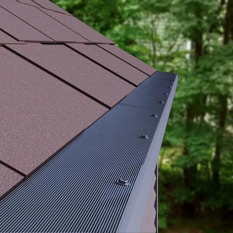 Universal Stainless Steel Micro Mesh Gutter Guard For 4 Inch 5 Inch And 6 Inch Gutters Leaf Protection installed on a roof edge.