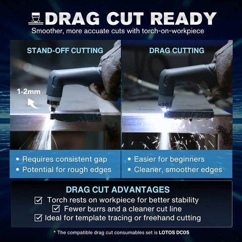 Apex LTP5600CD Plasma Cutter With Built In Air demonstrating drag cutting technique with advantages and usage instructions.