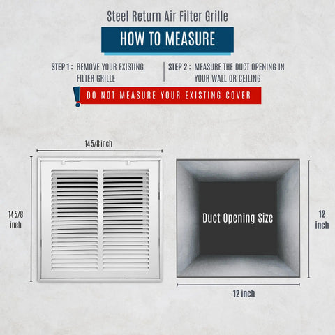 Diagram showing 12x12 Steel Return Air Grille With Removable Door For 1 Inch Filters White HVAC Vent Cover and duct opening size