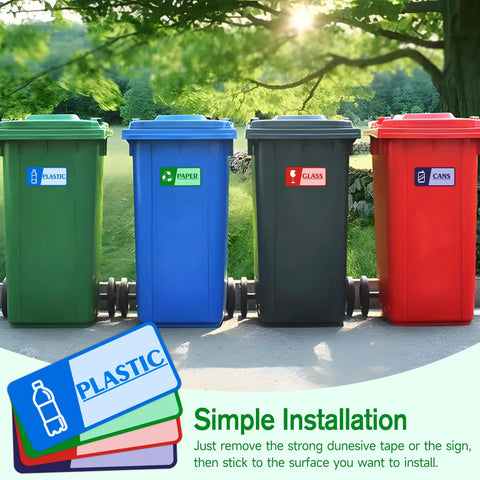 Four Pack Recycle Stickers For Trash Bins Self Adhesive Waterproof Durable And Fade Resistant Recycling Labels For Paper Glass Plastic And Cans Great For Home Office Apartment Hotel School And Public Areas on bins outdoors