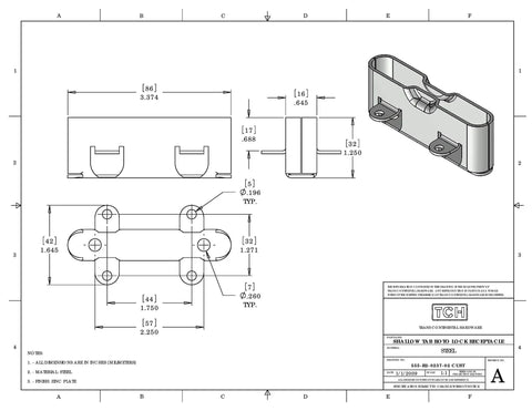 Technical drawing of Beefy Heavy Duty Concealed Panel Roto Lock Kit with Draw Latch and Coffin Lock Shallow Tab dimensions.
