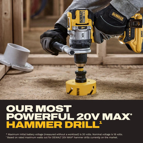 20V Max Brushless Half Inch Cordless Hammer Drill Kit Delivering Hella Torque And Ridiculous Power For Heavy Duty Projects With Eight Amp Hour Battery Plus Fast Charger in use drilling into wooden surface.