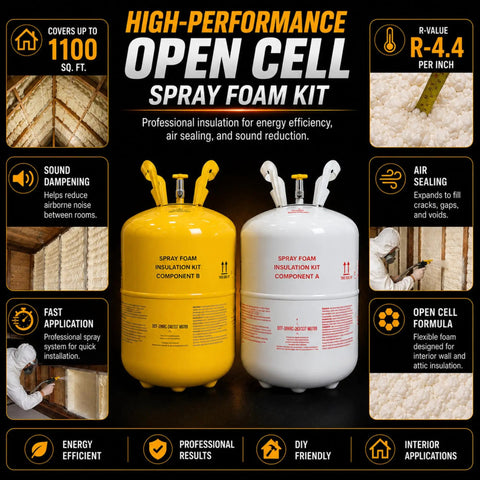 Pro Grade Open Cell Spray Foam Insulation Kit With Hose And Gun Included, components for sound dampening and air sealing.