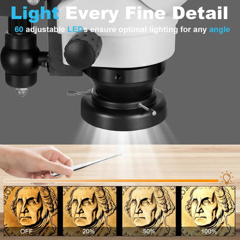 Trinocular Microscope With Awesome 4K Camera Kit 7X To 45X Zoom Eyepieces 0.5X Photo Eyepiece Ergonomic Stand USB Control Mouse And 60 LED Ring Light, 60-LED ring light close-up