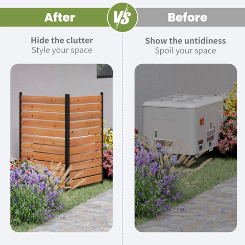 Before and after view with Wood Privacy Screen For Outdoors No Dig Garden Fence Hide Trash Cans And Air Conditioner Units Decorative Patio Privacy Screen.