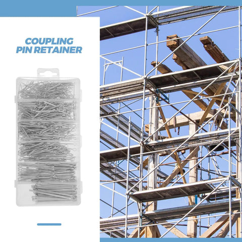 Stainless Steel Cotter Pins Set Assortment Kit With High Strength Hairpin Pins For Automotive Mechanics And DIY Projects Assembly Retaining Wire Fasteners For Trucks Marine Equipment And Machinery displayed in a clear plastic case with scaffolding in the background.