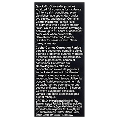 Back of Quick Fix Concealer Stick Soft Ivory displaying product details, ingredients, and usage instructions.