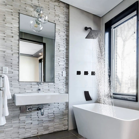 Bathroom with Three Handle Matte Black Tub And Shower Faucet Set With Waterfall Spout Four Point Eight Inch Tub Spout Trim Kit