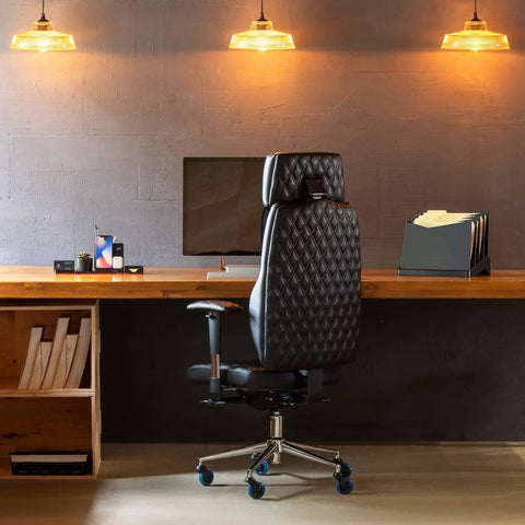 Badass Office Chair Casters Five Pack Featuring Dual Locking Wheels And Durable Polyurethane Glides For A Smooth Operator Ride That Guards Floors From Scratches In Rich Navy Blue Finish used on a stylish office chair.
