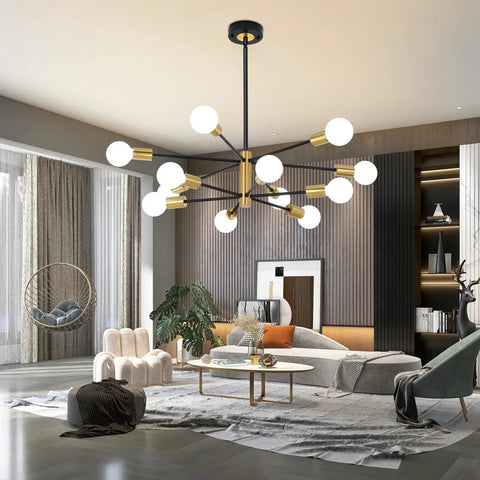 12 Light Modern Sputnik Chandelier in Black and Gold With Adjustable Branch Height E26 Base Pendant Lighting for living room