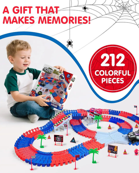 Child with Spider Themed Race Track Set For Kids Ages 3 To 8 With Two Spider Cars And 212 Flexible Track Pieces, holding box