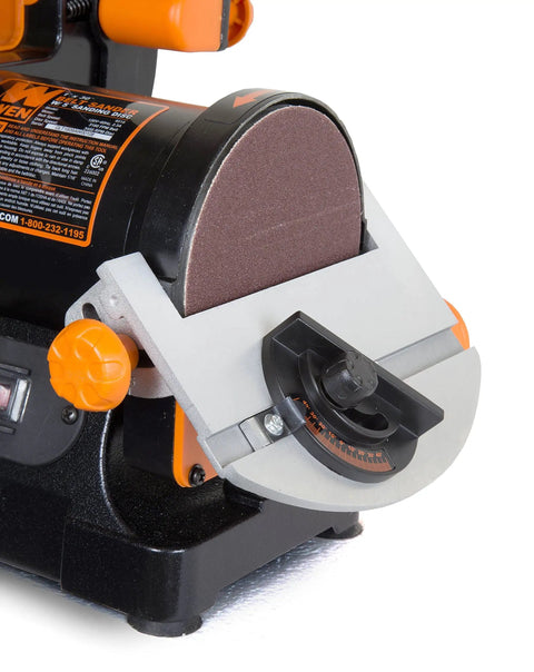 Close-up of Two-In-One Benchtop Belt And Disc Sander That Is A Real Workhorse With 5 inch disc, adjustable angle guide visible