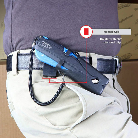 Heavy Duty Box Cutter With Three Adjustable Blade Depths And Precision Edge Guide in holster on belt with clip.