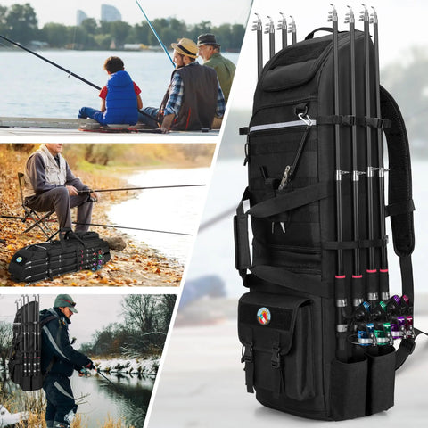 Rugged Fishing Backpack That Holds Eight Rods And Reels Tackle Box Ready Gear Bag with anglers by shore and river.