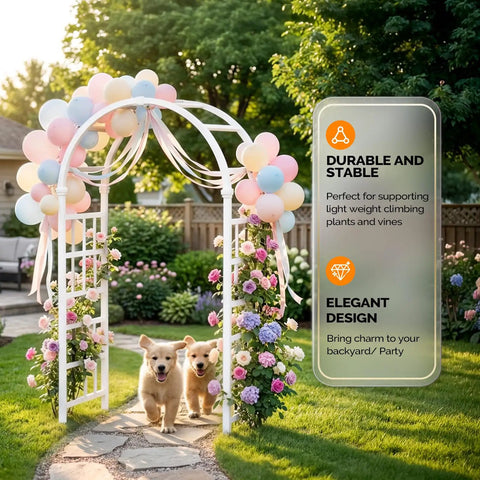 Heavy Duty PVC Garden Arbor Arch For Plant Climbing, 94 Inch Tall Backdrop Stand With Wide Entryway, Boss Backyard Vibes For Weddings Gardens And Festivals, Easy Setup, Weather Resistant White with balloons and flowers
