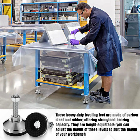 Worker using Heavy Duty Adjustable Leveling Feet with 2.36 Inch Diameter Base and M12 Thread Anti Slip Rubber Foot Supports