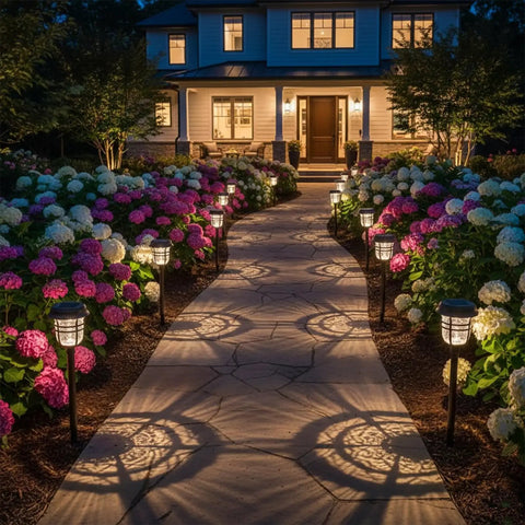 Night view of a garden path lit with Solar Pathway Lights Outdoor Waterproof IP65 No Fuss Dual Lighting Modes Warm White And Cool White LED