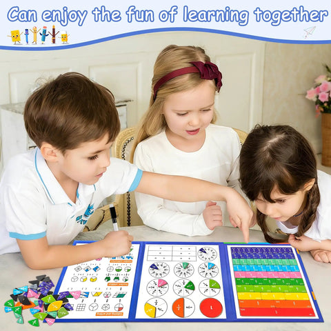 Kids using Hands On Fraction Play Kit With Magnetic Tiles And Circles For Whiteboard Ready Math Practice Kid Friendly Montessori Style Fraction Tools For Kids Ages 6 To 10 Classroom And Homeschool Set With Wipe Clean Activity Cards