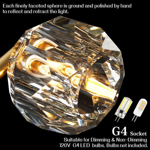 Faceted clear K9 crystal glass with two G4 LED bulbs for Three Light Gold Brass Vanity Light Fixture With Clear K9 Crystal Glass For Bathroom Over Mirror Modern Wall Sconce 120V G4 Base Lit Glow That Elevates Your Space And Keeps It Bright.