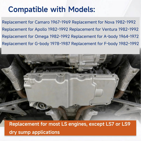 Engine Oil Pan Kit 302 2 Low Profile Replacement For LS Engines, fits Camaro Firebird Nova Ventura classic cars underside view
