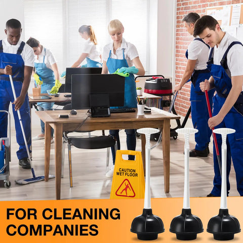 Heavy Duty Toilet Plunger Bulk Pack Of Six Black Double Thrust Rubber Force Cups in use by cleaning team in office.