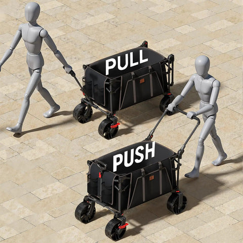 All Terrain Folding Wagon Cart With Canopy And Brakes, mannequins using easy push pull handle on rough terrain